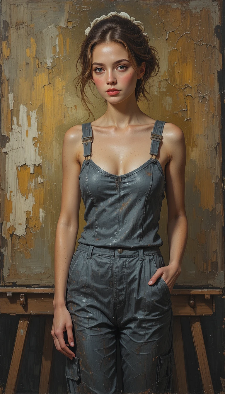 Sensual woman artist in paint stained gray jumpsuit portrait