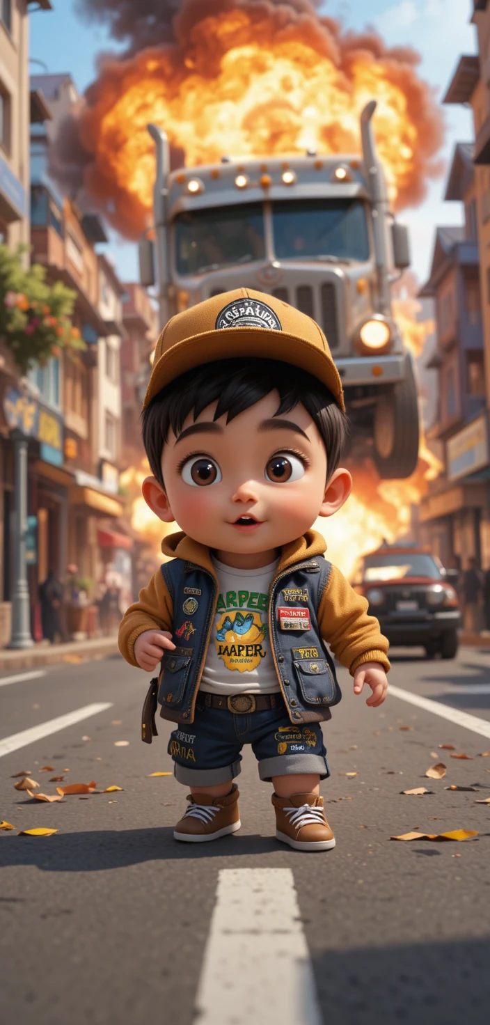 Asian baby boy rapper on a colorful city street