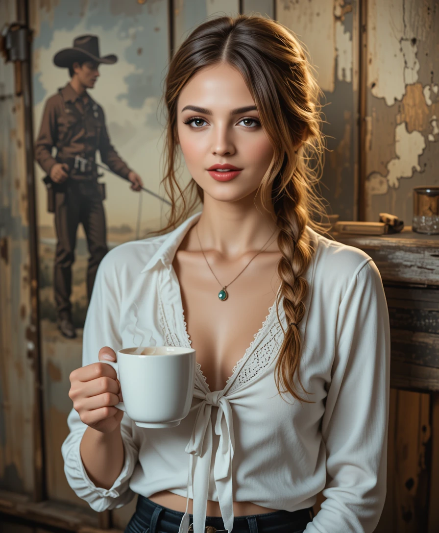 Mujer con taza de café frente a pared rústica de madera