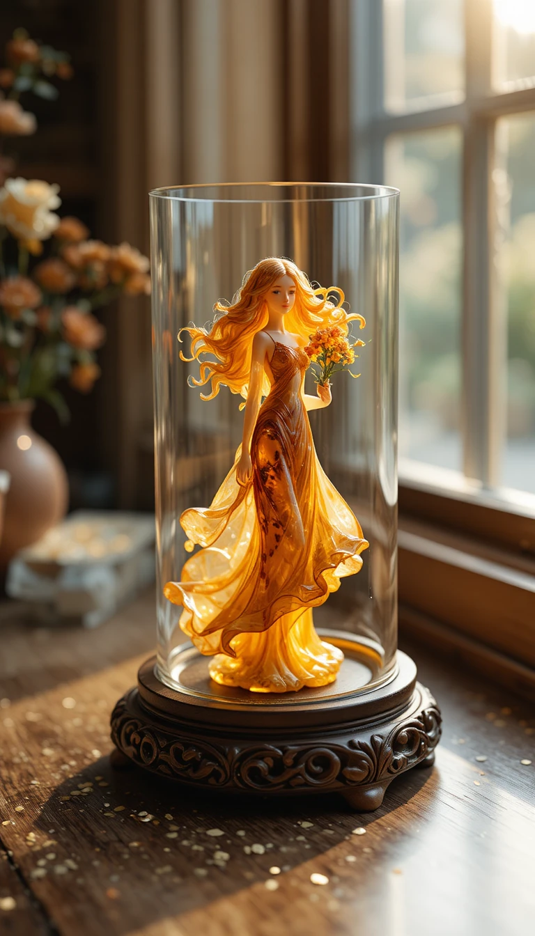 Figurine de fille ambrée dans un cube de verre au matin