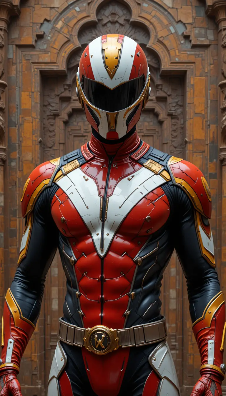 Armored superhero in red and black before geometric mural