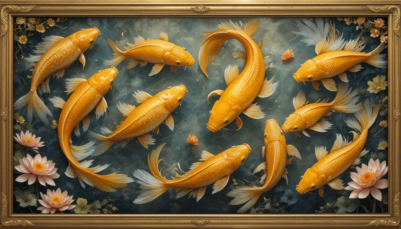 Pintura de carpas koi douradas emoldurada com flores de lótus em flor