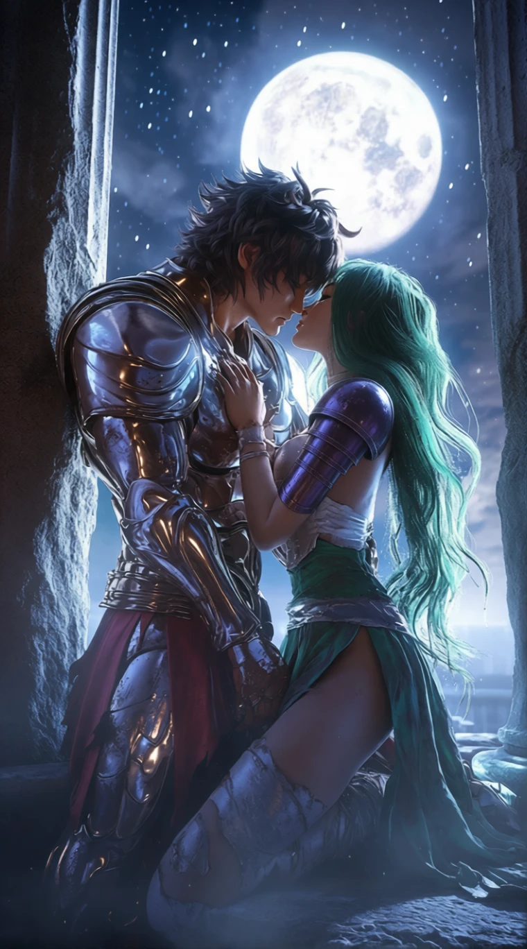 Romantic warriors embrace in moonlit ancient sanctuary ruins