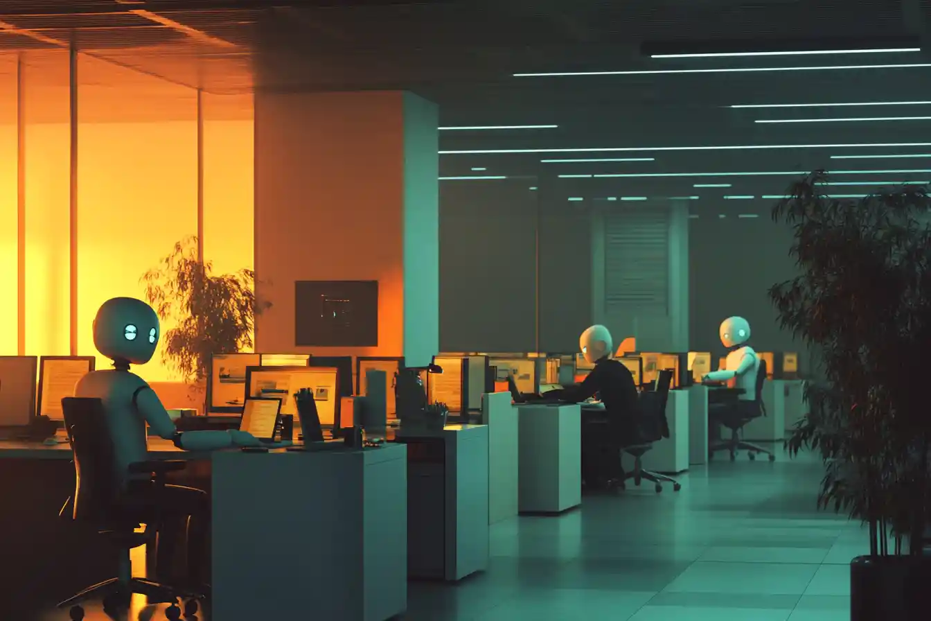 Calm humanoid ai at desk in modern office scene