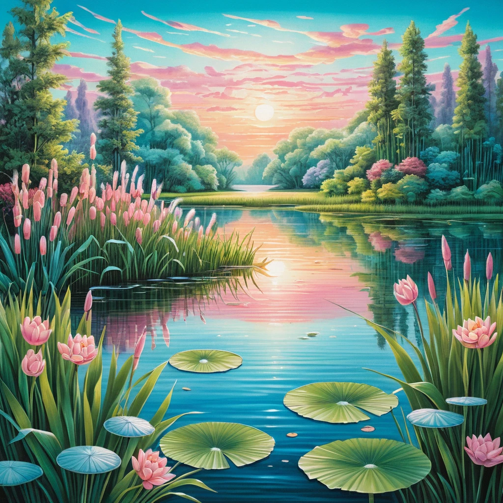 Surreal Sunrise Lake With Cattails And Pastel Summer Colors