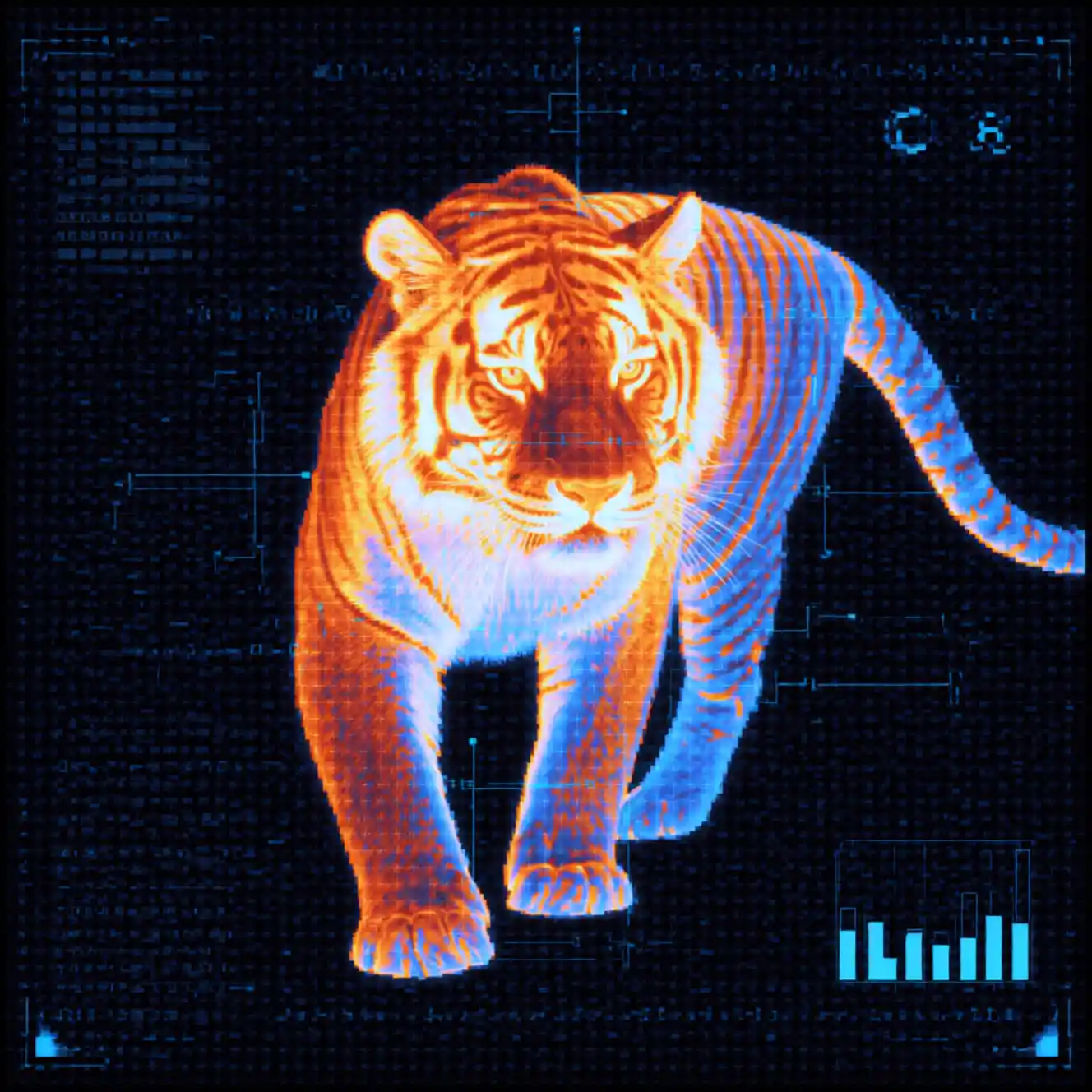 Scanner thermique futuriste d’un tigre accroupi dans une grille de données