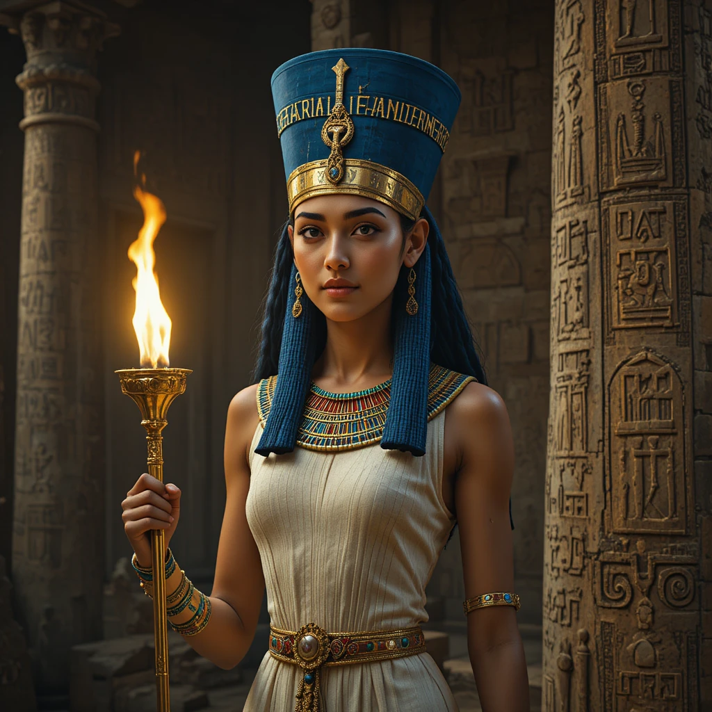Egyptian queen holding a flaming torch in temple interior