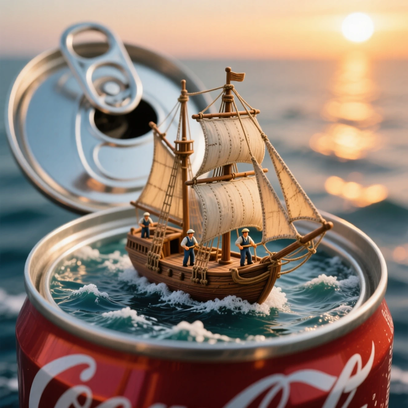 Barco de vela en miniatura flotando dentro de una lata de refresco abierta