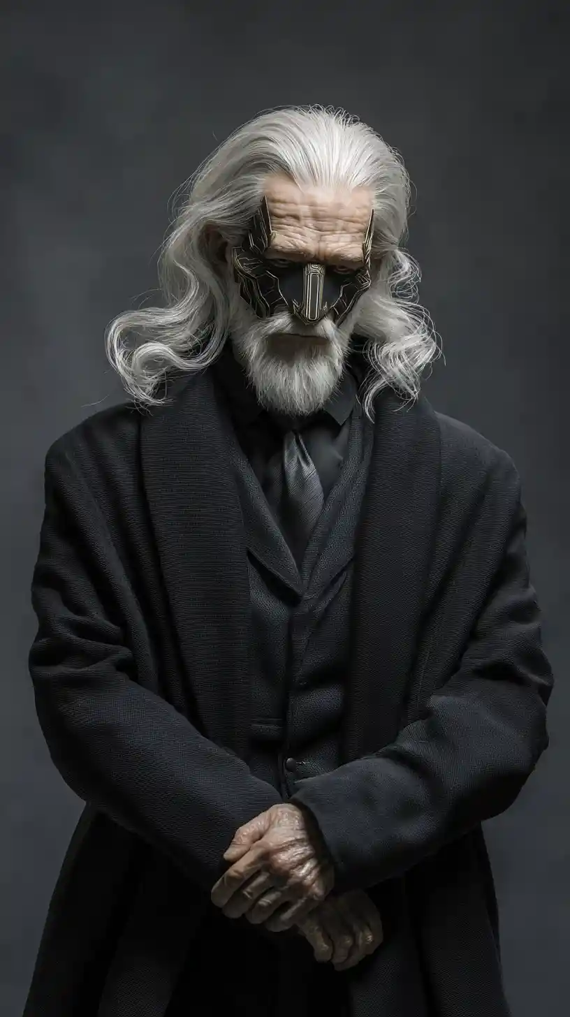 Chefe de gangue idoso com máscara em elegante terno preto