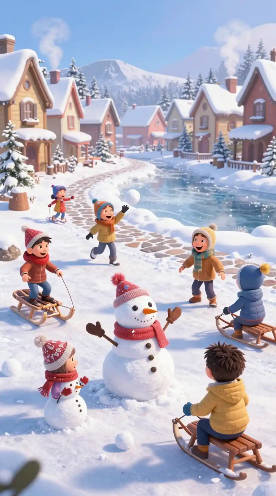 Children playing in a snowy village winter wonderland