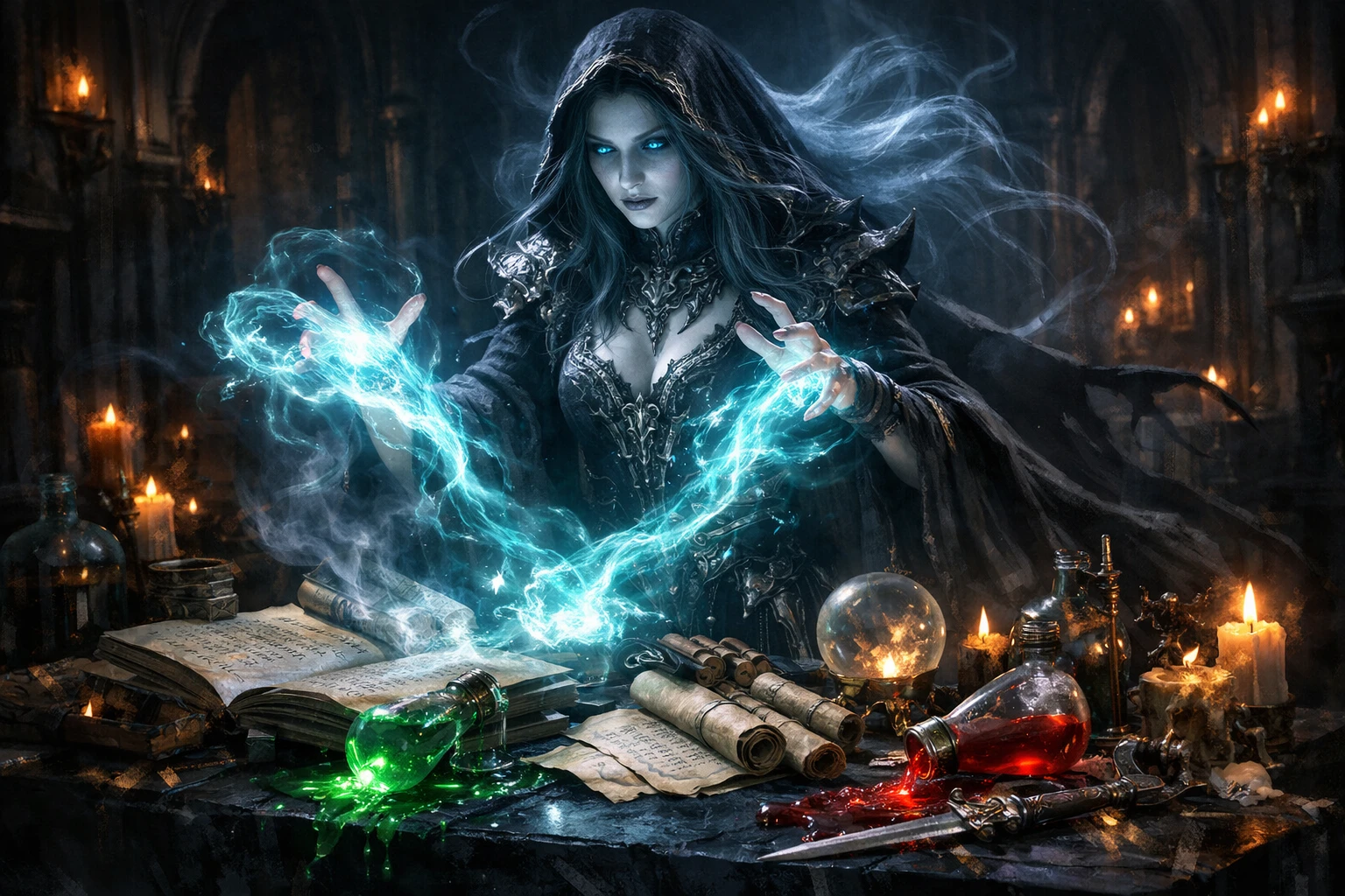 Spectral sorceress summoning magic in a gothic chamber