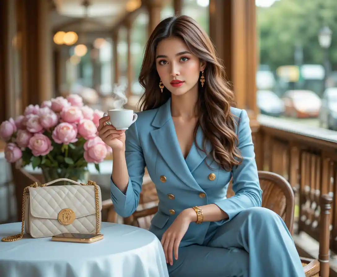 Donna elegante che gusta un espresso sulla veranda di un caffè chic