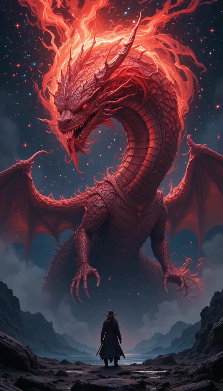 Enormous red seven headed dragon crowned in a starry sky