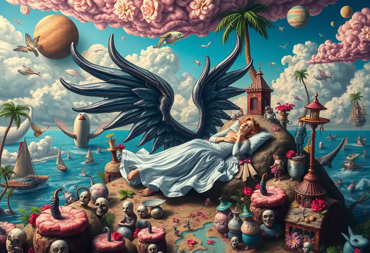 Dornröschen mit Schattenflügeln auf einer surrealen Insel
