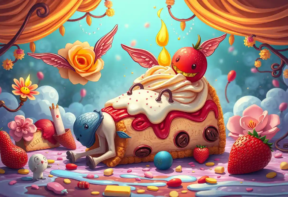 Personaje de postre surrealista que despierta en una escena de fantasía juguetona