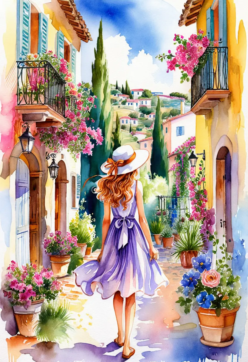 Young woman walking in a sunlit Mediterranean alley