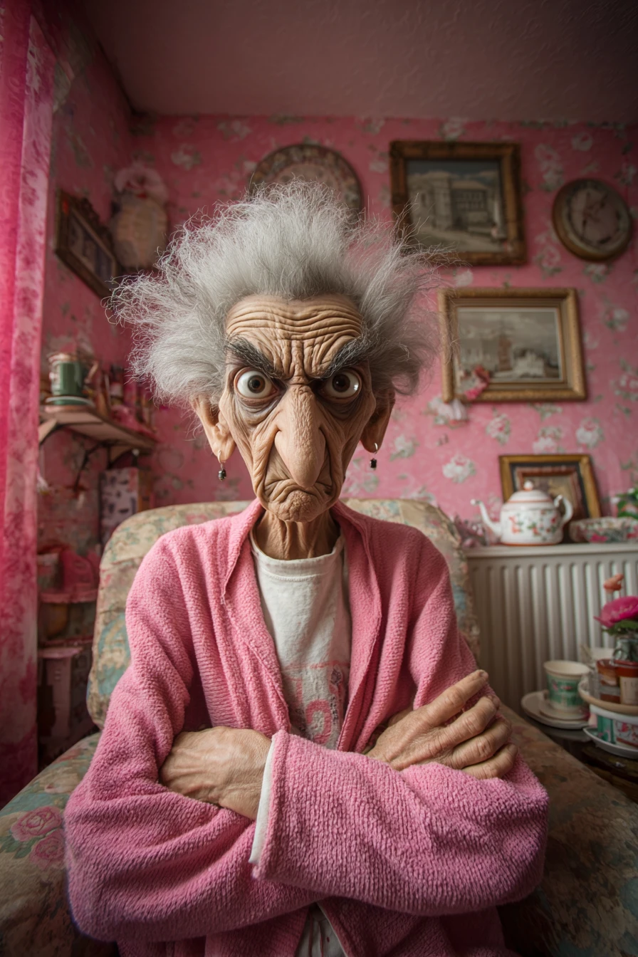 Angry elderly woman in pink armchair in floral room