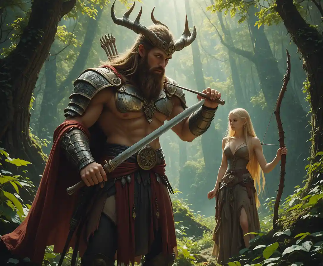 Armored centaur warrior with epic sword in magic forest