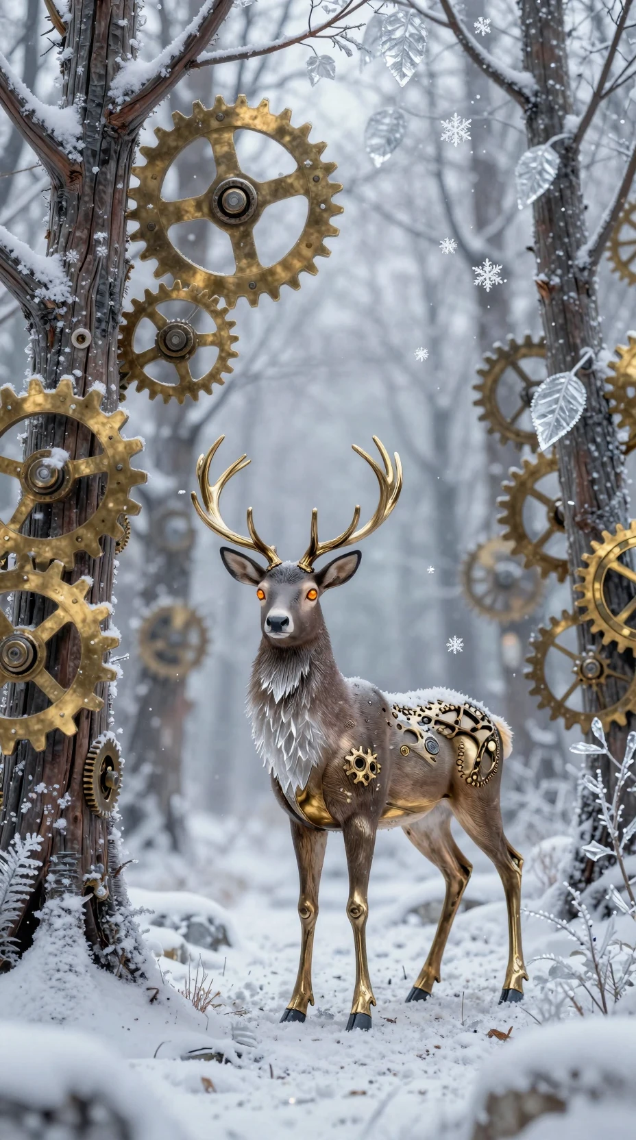 Surreal mechanical stag in a frozen gear forest