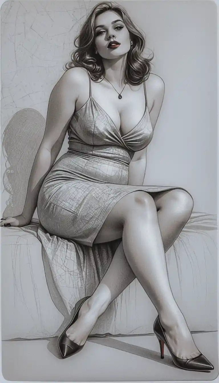 Curvy pin up woman in satin dress on white armchair