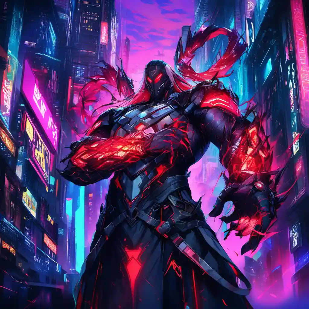 Cyberpunk blood mage casting magic in neon city