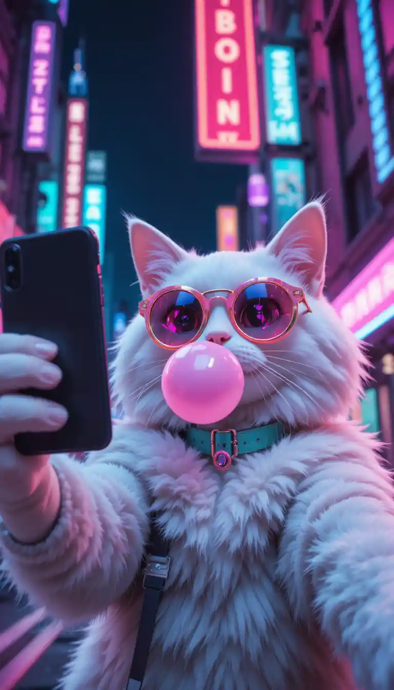 Fluffy anime 3D cat taking a neon city selfie