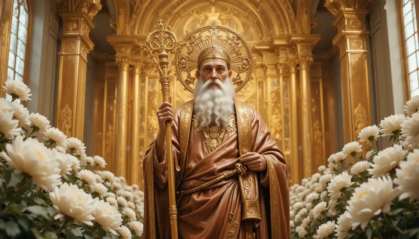Saint Longin avec son bâton dans une chapelle dorée de pivoines