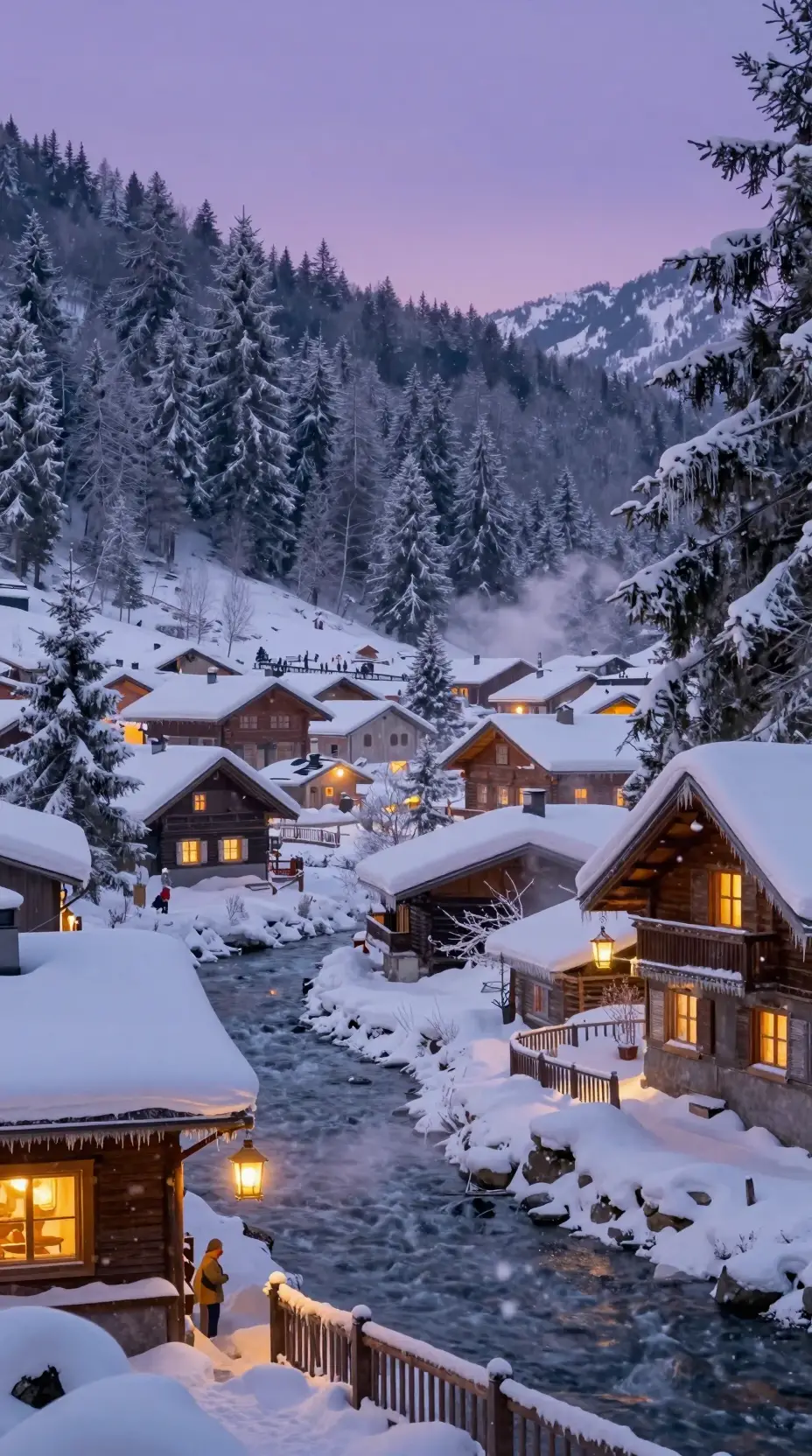 Snowy alpine village glowing under a soft twilight sky