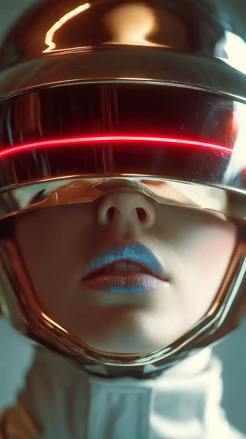 Donna futuristica con casco dorato e labbra blu