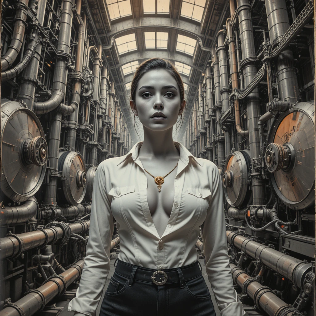 Woman in industrial tube network under harsh monochrome light