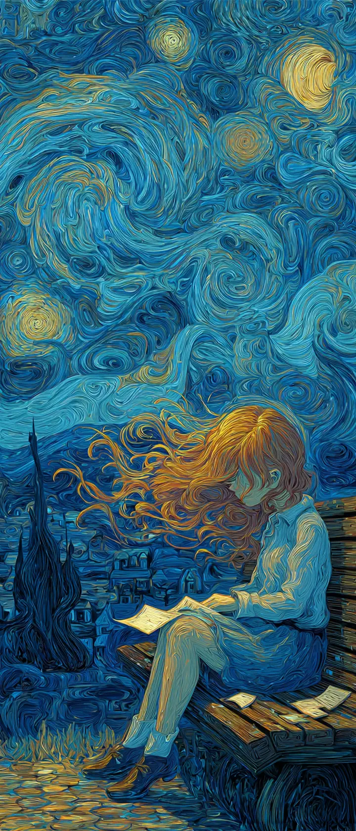 Crying Anime Girl Alone On Bench Under Turbulent Night Sky