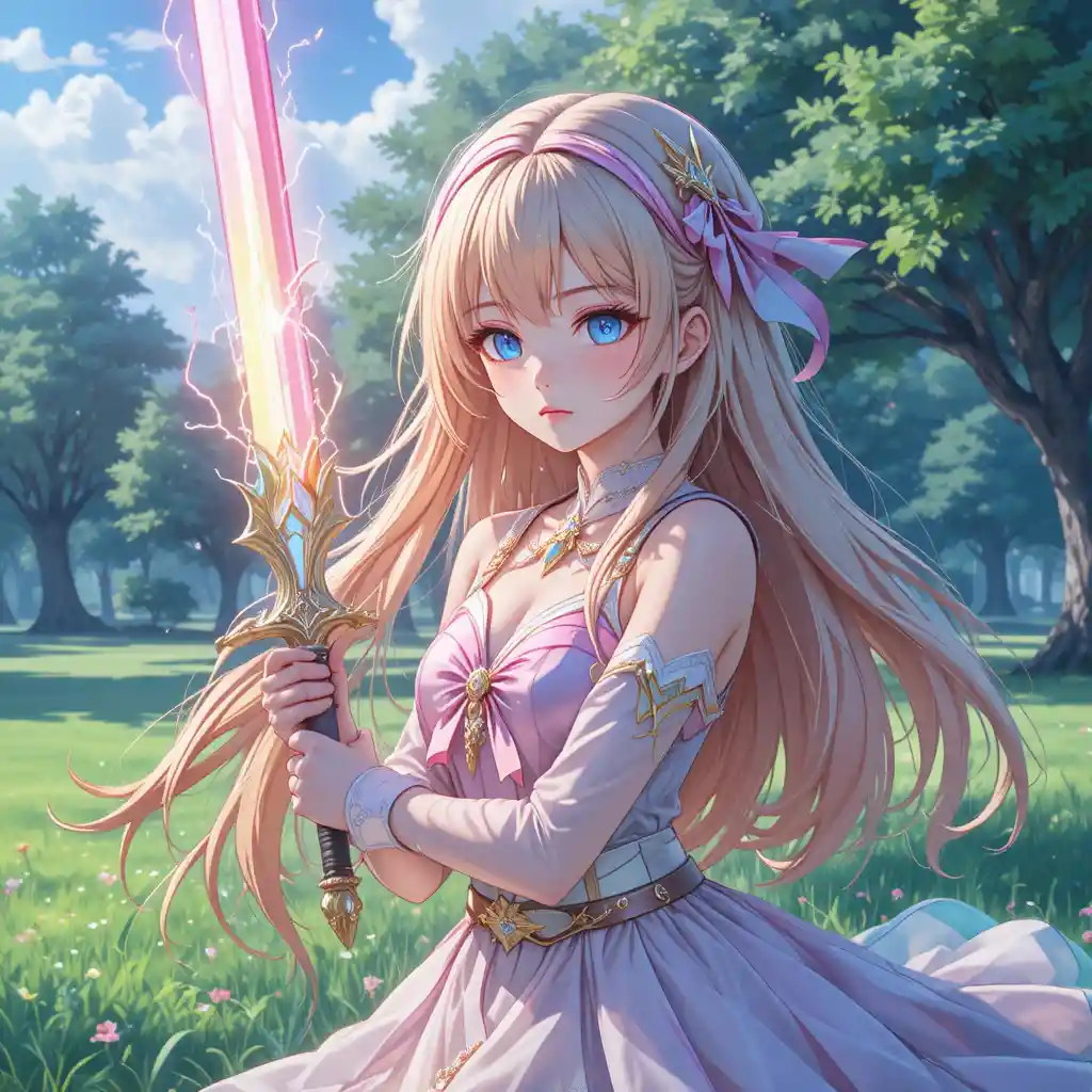 Anime girl wielding a rainbow lightning sword outdoors
