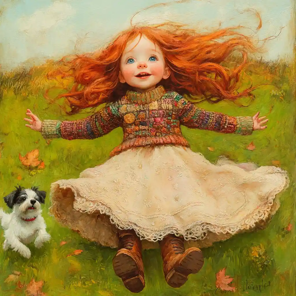 Red haired girl leaping in a field with terrier