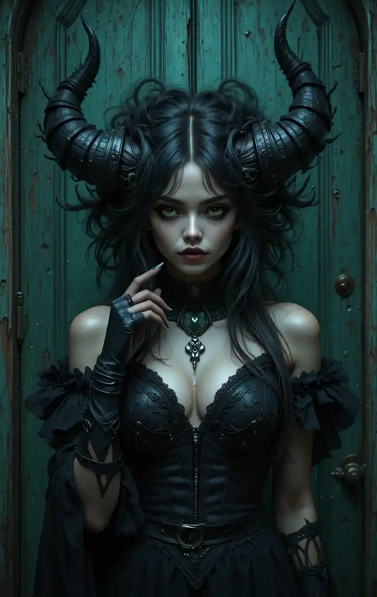 Gothic woman with horns before an old green door