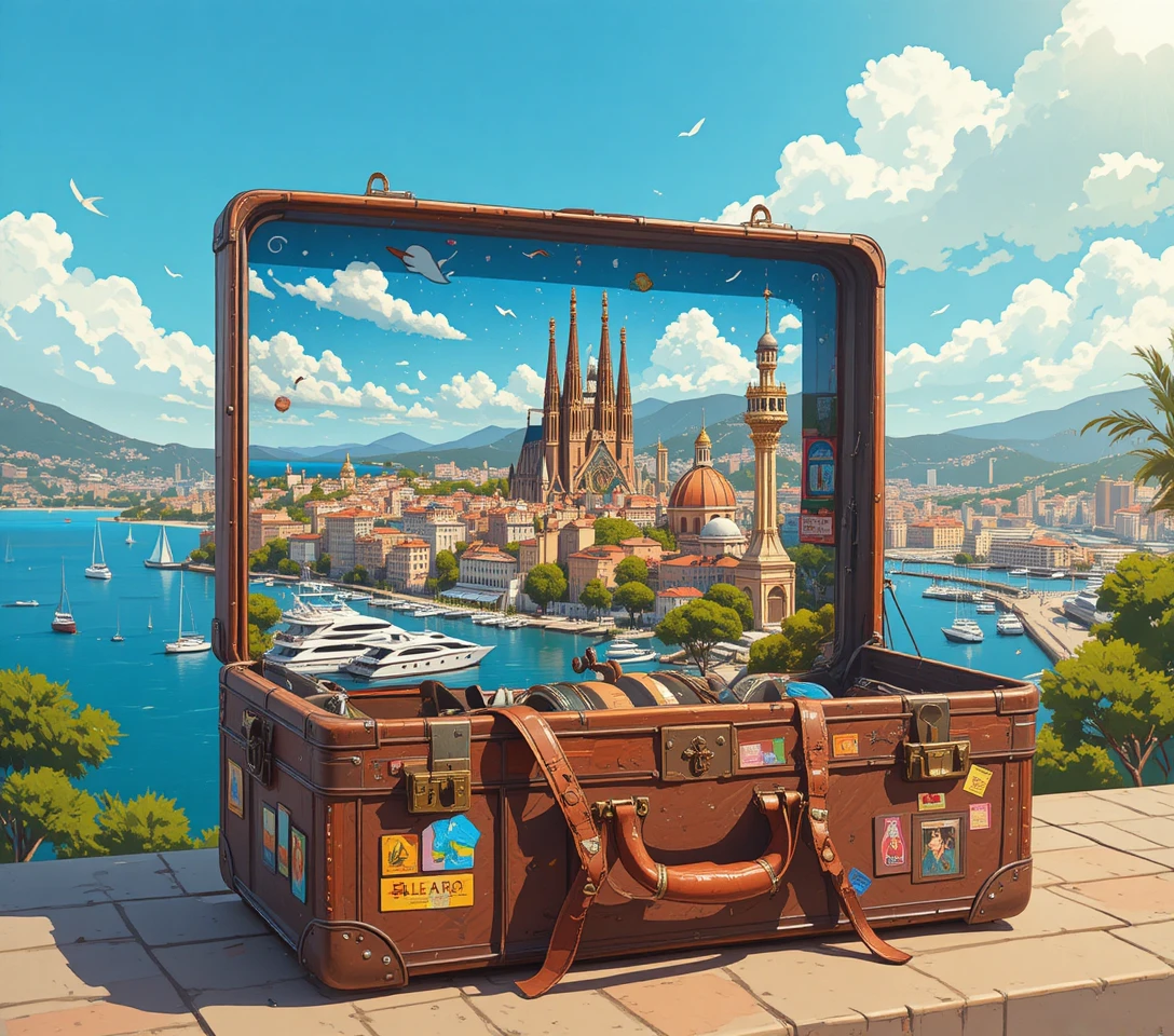 Open suitcase window to a sunny Barcelona cityscape