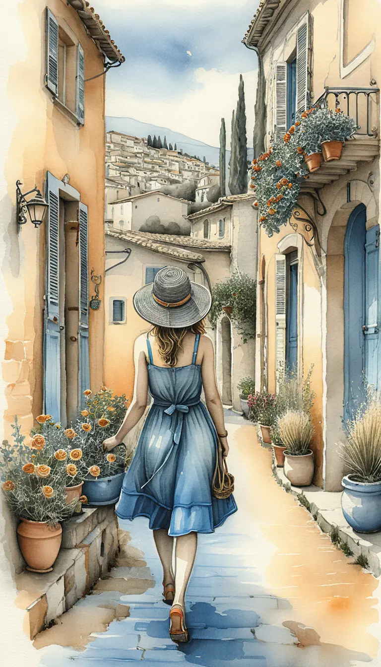 Young woman in sunlit Mediterranean alley watercolor illustration