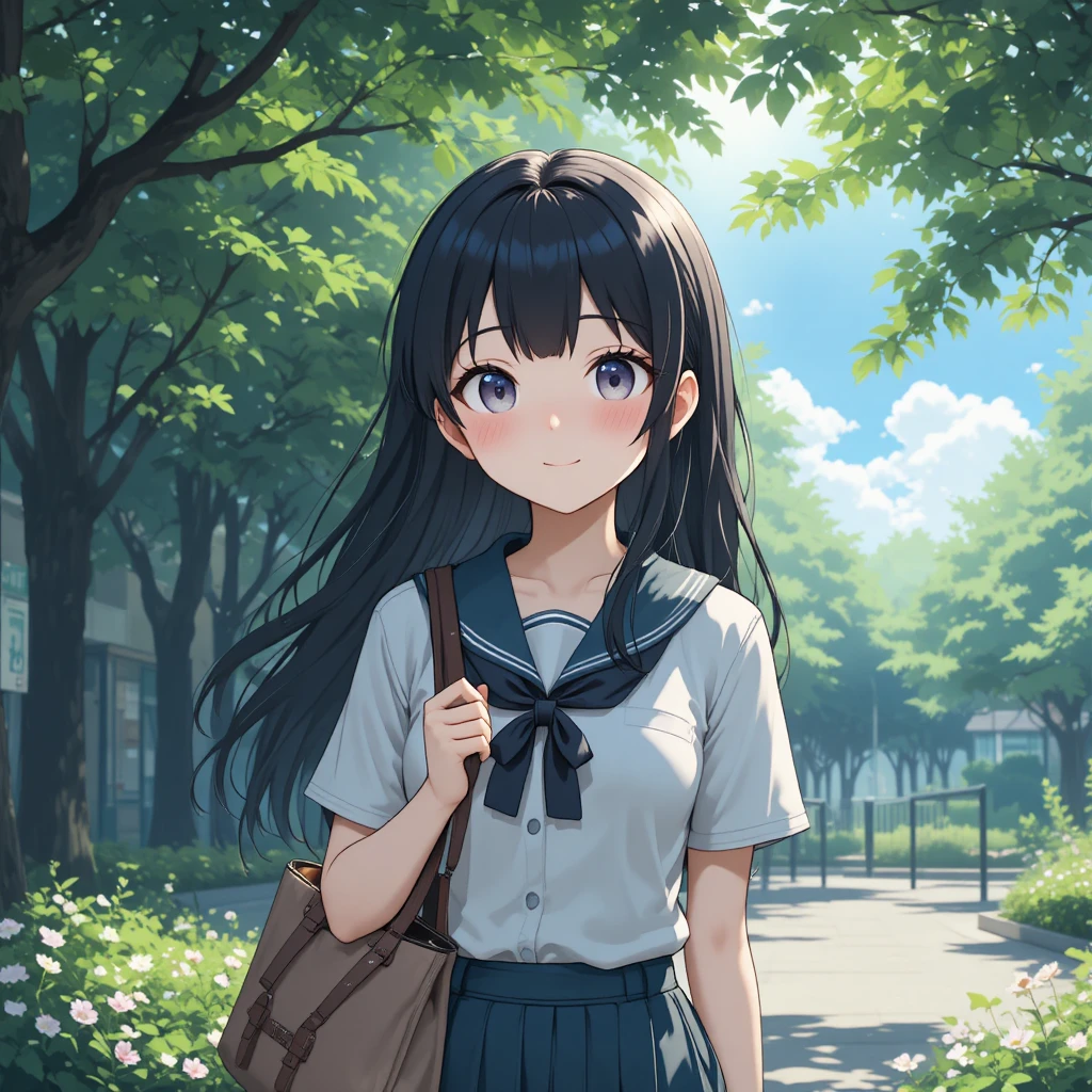 Chica escolar de anime sonriendo y sosteniendo una bolsa al aire libre