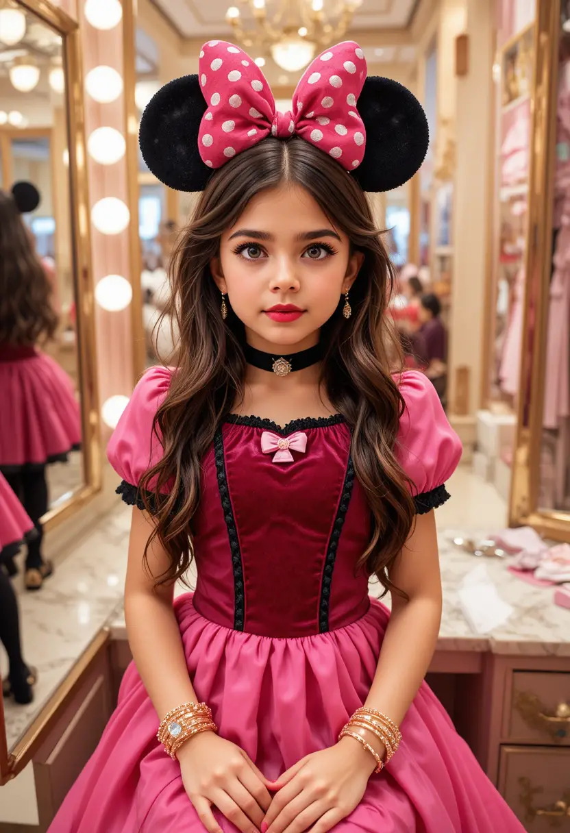 Tween boy in pink minnie dress at boutique vanity