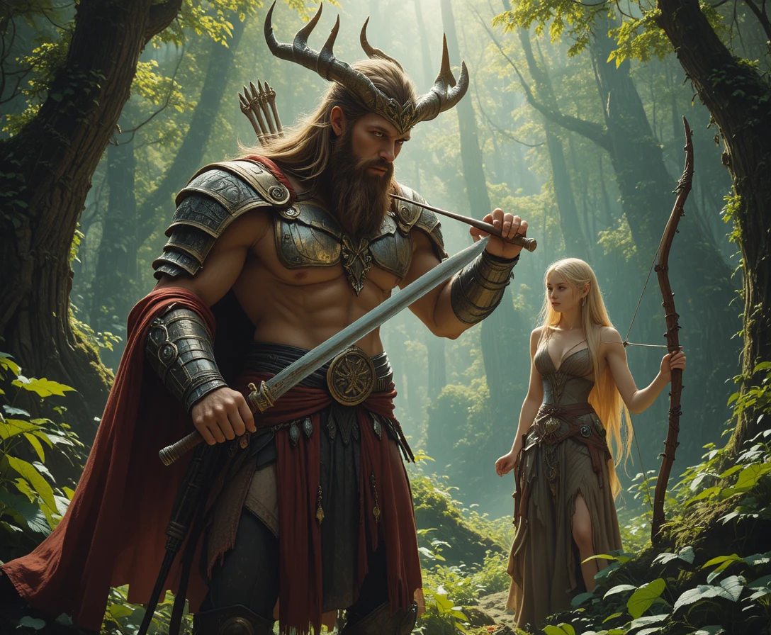 Armored centaur warrior with epic sword in magic forest