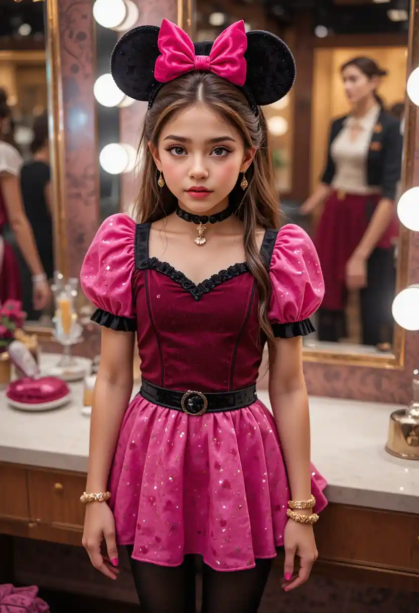 Tween boy in pink minnie mouse dress at boutique vanity