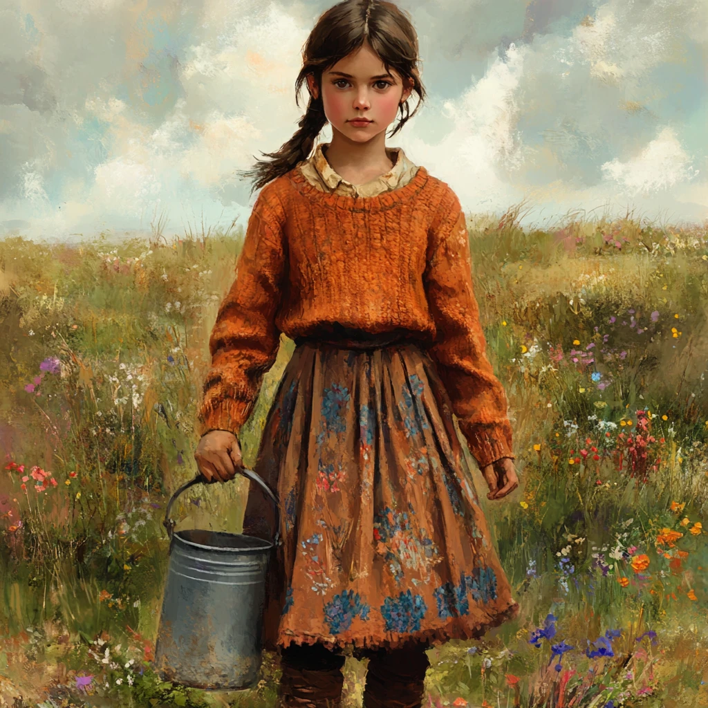 Girl Carrying Metal Bucket In Tranquil Green Field