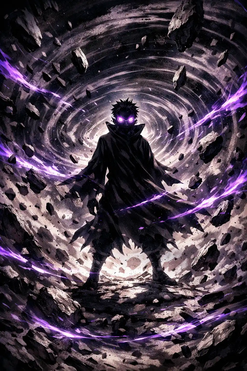 Figure With Glowing Eyes Amid Rippling Destructive Energy