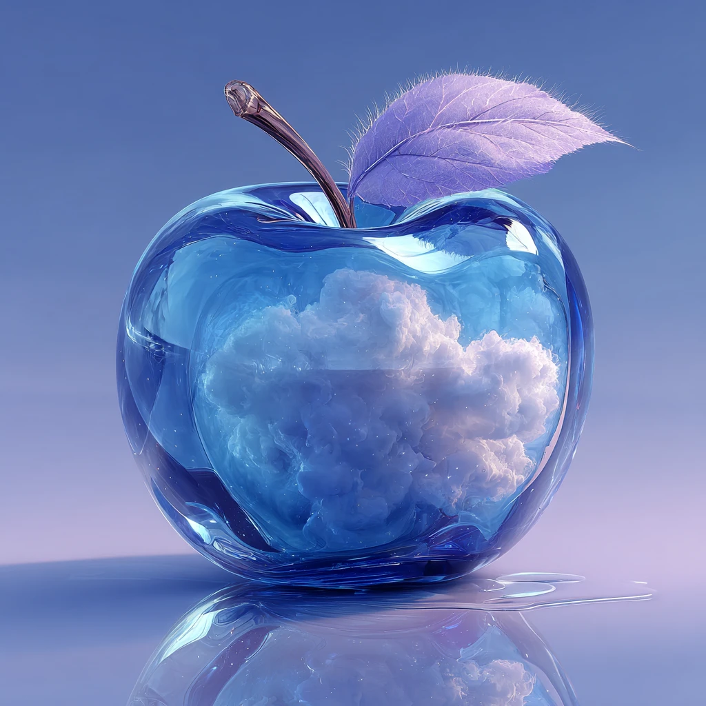 Blue glass apple with clouds on reflective metal table