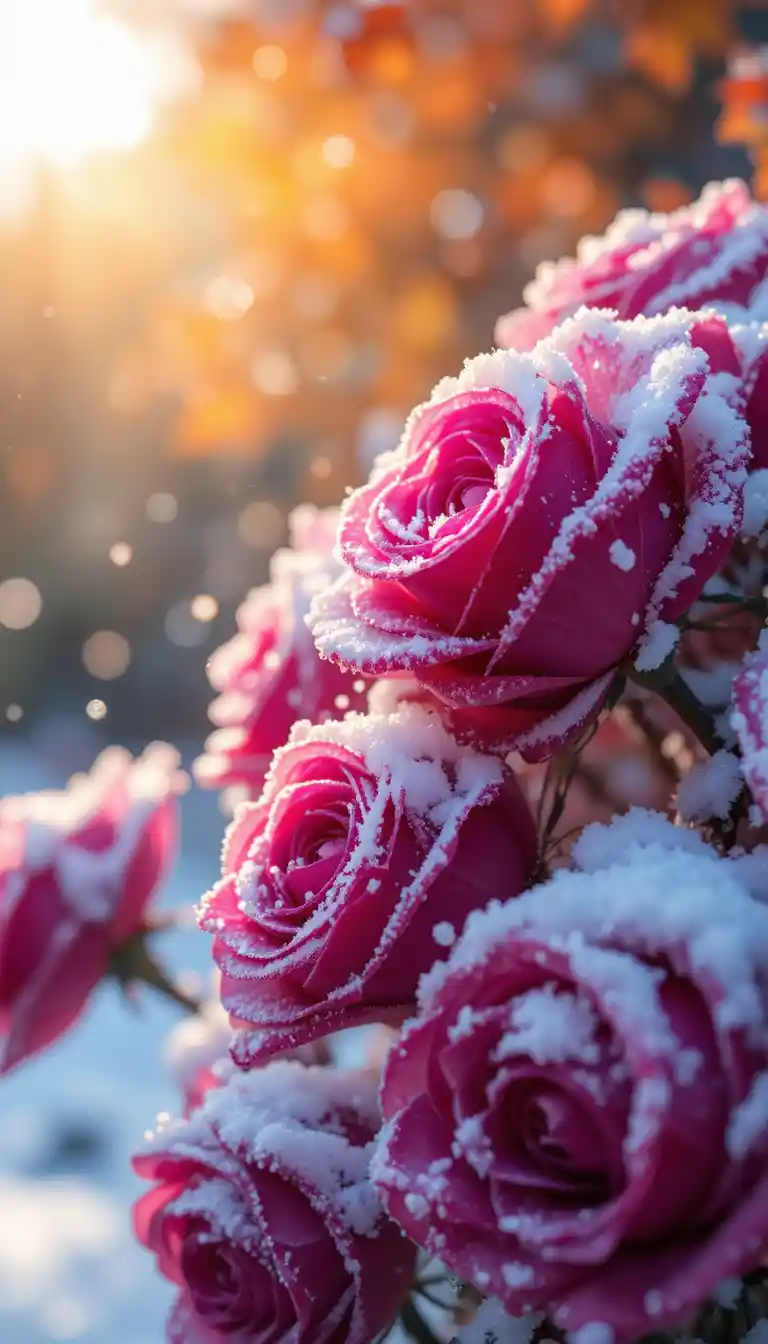 Macro roses covered in fresh snow with golden sunlight