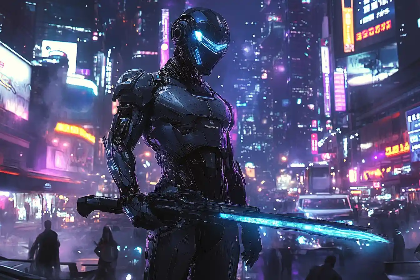 Guerrier cyborg futuriste dans un spatioport interstellaire éclairé au néon