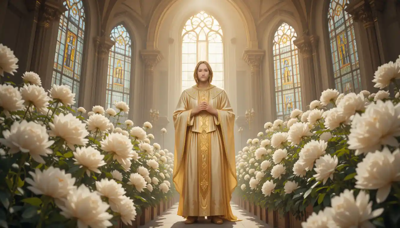 Intérieur de chapelle baigné de soleil avec pivoines blanches et statue de saint