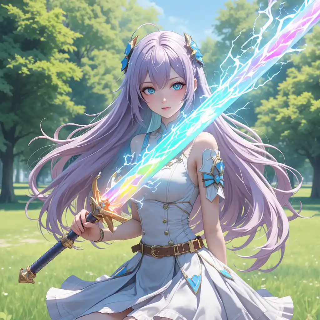 Anime girl wielding a rainbow lightning sword outdoors