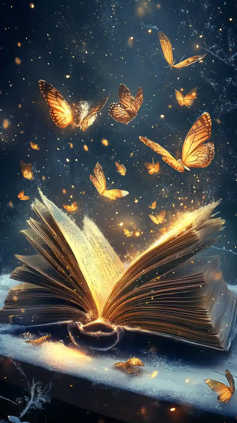 Enchanted book with glowing butterflies in winter night