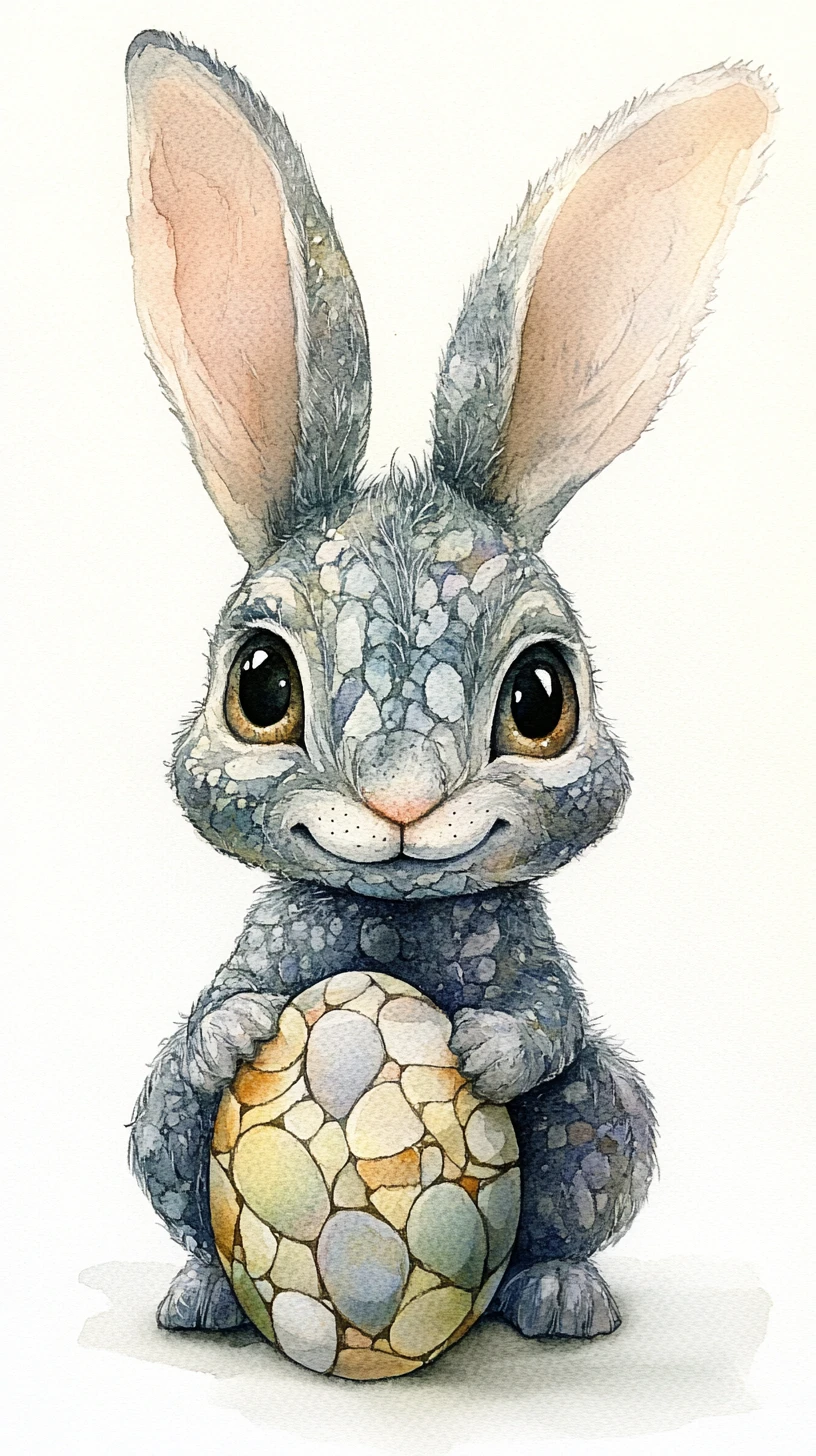 Dreamy watercolor rabbit with easter egg on white background
