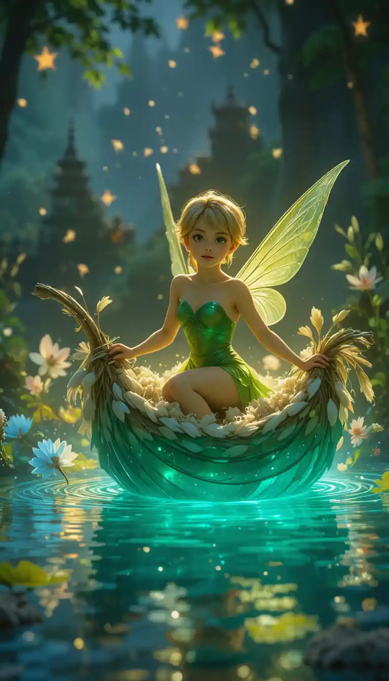 Fairy Sailing A Feather Boat On A Glowing Enchanted Pond